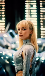 lady in a futuristic fashion suit by a display of cars
