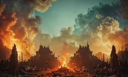 fire burning in the sky above an old city