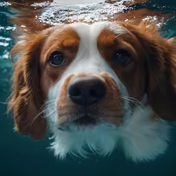 a brown and white dog swimming through the water