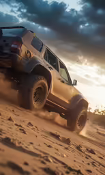 a truck is moving along dirt in the middle of the desert
