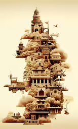 a poster with a building and various buildings in the background