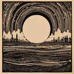 a drawing in black ink that has an ocean scene with trees on the horizon,an artwork depicting a large circle with buildings on it