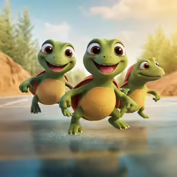 two turtles playing with each other while one jumps