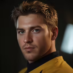 a close up of a person wearing a star trek uniform