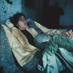 a man sitting in a bed covered by a blanket