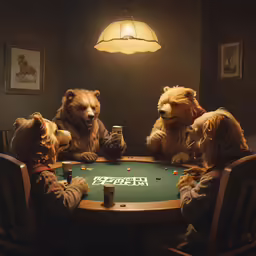 the poker bears are sitting around the table with drinks