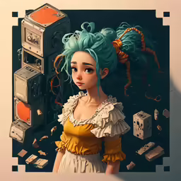 there is a woman with blue hair next to some other items