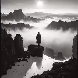 a man standing on top of a mountain looking out over a foggy landscape