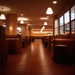a empty restaurant with brown furniture and lamps