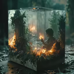 boy holding a cell phone surrounded by fire in a case