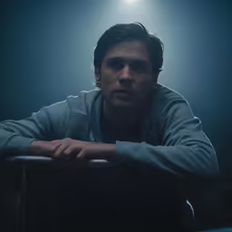 a man that is sitting down in the dark