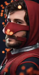 a man dressed in red with a face piece