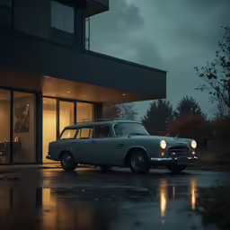a grey car parked in front of a building