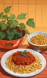 the two plates have some spaghetti and herbs in them,there is a plate with spaghetti next to a potted plant