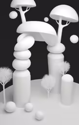 surreally made sculptures in the middle of a circle with white trees and mushrooms