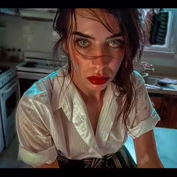 the girl with green eyes and a shirt with a red lip,a young woman in the middle of a kitchen with red lips