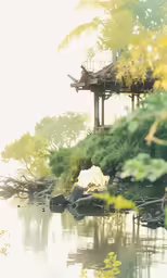 the view from above shows a small waterfall in the foreground, with trees on either side, as well as a pagoda in the background