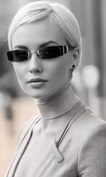 a close up of a woman wearing sunglasses and choker