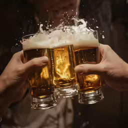 person holding beers over their head with beer bubbles flying out