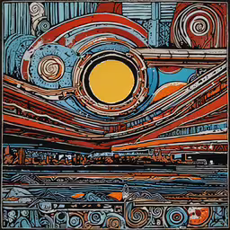 an image of a colorful and interesting art piece,an image of a painting with waves and a large circle in the center