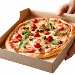 an individual holding up a pizza with tomatoes, olives and other toppings