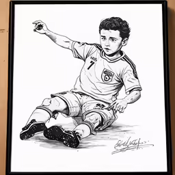 the drawing of soccer player sitting on the ground