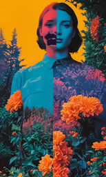 a woman in a floral park with orange flowers
