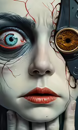 a woman with her hand on her face and an evil looking face