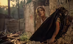 the woman is looking down on a pile of wood