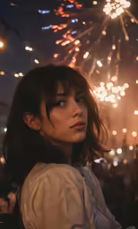 a woman looks at the firework in the sky