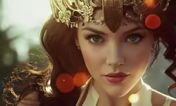 the beautiful woman in elaborate golden clothing has her hair up