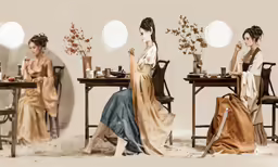 a woman sitting at a table with two women seated at it