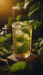 a glass with ice and some mint leaves