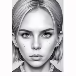 a young blonde girl with dark eyes