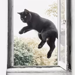 cat in air with mouth open and leaping out of open window