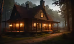 an outdoor house with light up windows and a porch and steps,the house is lit up in the dark woods