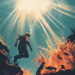a man jumping in the air in front of a sky with clouds