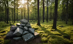 a stack of rocks next to some grass and trees