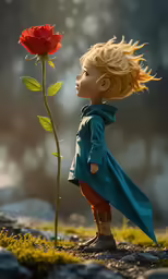 a small child with blonde hair holding a red flower