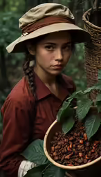 a girl wearing a hat holding up a bowl of beans