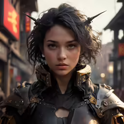 an animated character with horns and long hair stands on the street