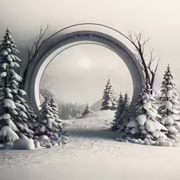the view of a large round sculpture in a snowy landscape