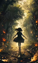 a little girl in the dark and bright forest