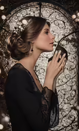 a woman is holding a large metal object