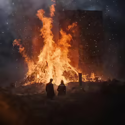 two men are standing in front of a fire