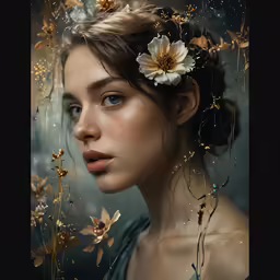 a woman is looking up while she is surrounded by flowers