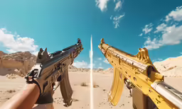 two guns are seen shooting toward each other