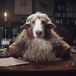 the dog with a white face sits in front of some papers on a table