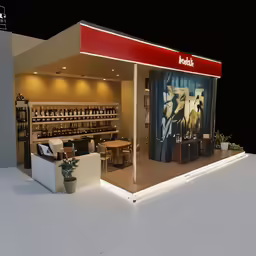 a very large room with a lot of furniture and a booth