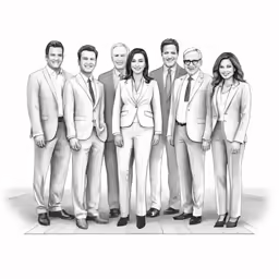 drawing of five people in suits, one man and a woman